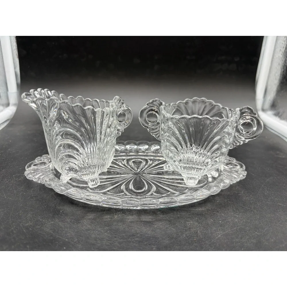 Vintage Pressed Clear Glass Cream‎ and Sugar Set with Oval Underplate Tray 3pc